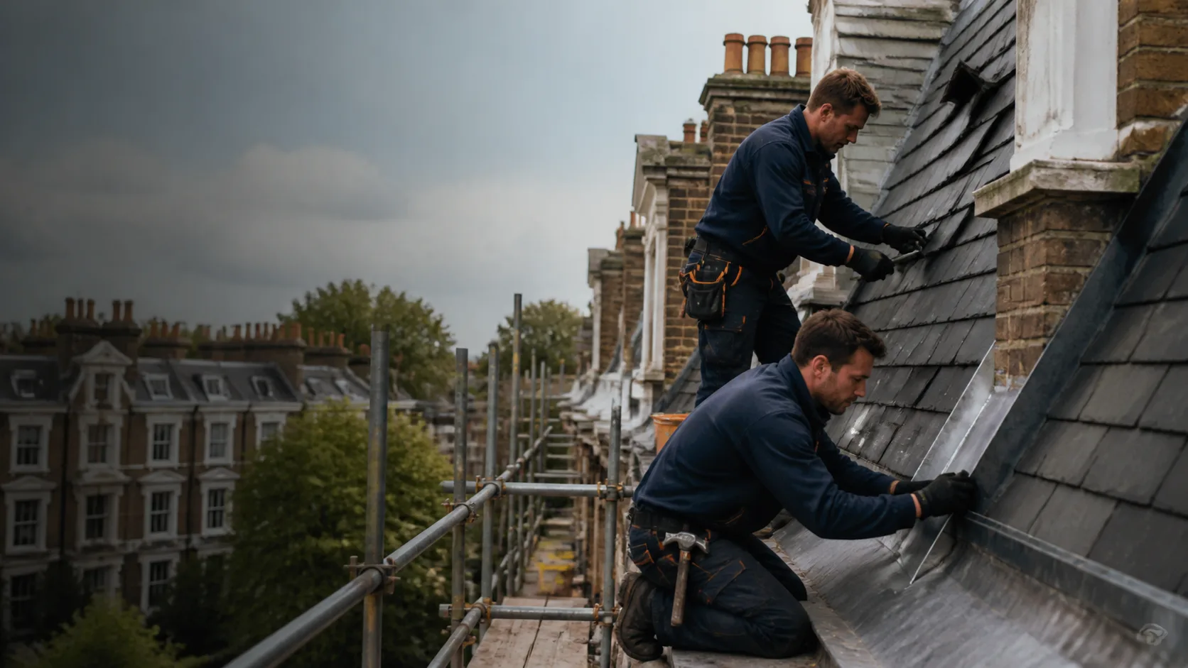 Roofers working safely on a London slate roof
