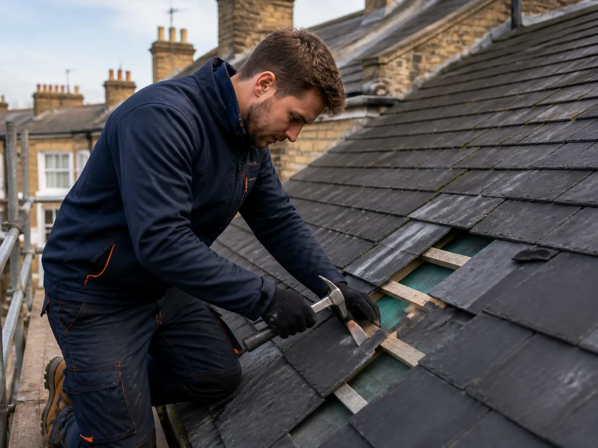 Illustrative generated image of a roofer replacing slate tiles